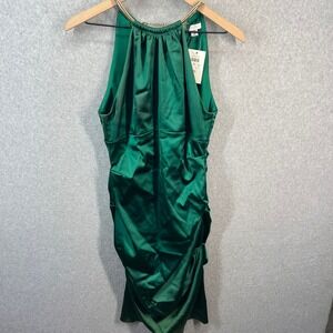 Cache Green Satin Ruched Halter Dress Gold Chain Neck XS4698C Size 10 NEW